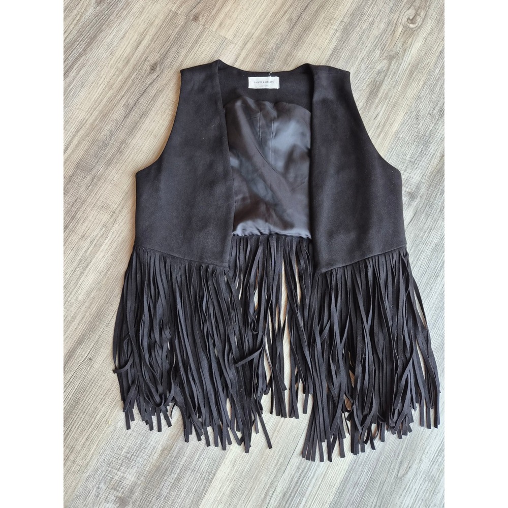 Saints & Hearts Black Faux Suede Fringe Vest Western Boho Size S